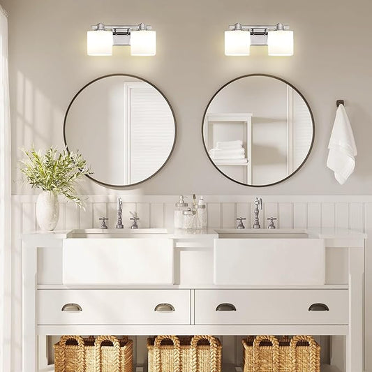 15.5 Inch Chrome Bathroom Light Fixtures Over Mirror 2 Light Bathroom Vanity Light Silver Modern Industrial Makeup Lighting Wall Sconce Farmhouse Rustic Milk Glass Lamp Desk Sink