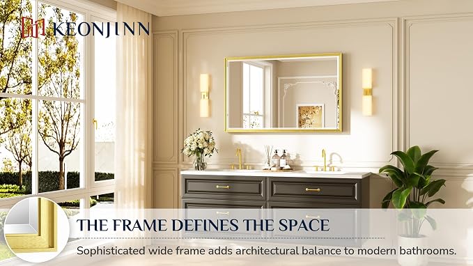 Keonjinn 48" x 30" Gold Bathroom Mirrors, HD Tempered Glass, Aluminum Alloy | Beveled Edge Mirror, Effortless French Cleat Installation, Rustproof, Metal Framed Gold Vanity Mirror for Wall, Living Room