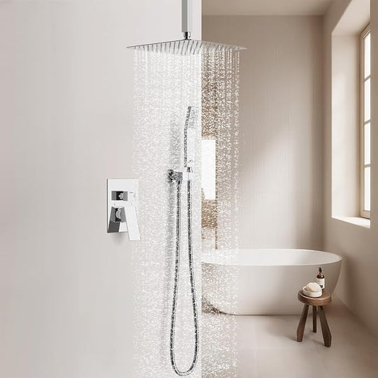 SunCleanse Rainfall Shower Faucet Set with High Pressure in Polished Chrome | Ceiling mounted shower combo set featuring a 12" square rain head, handheld spray, and rough-in mixer valve with trim.