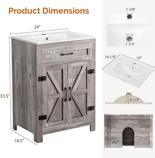 VINGLI 24" Farmhouse Bathroom Vanity with Sink, Undermount Vanity Sink Cabinet with Barn Door &Shelf,Free Standing Small Bathroom Storage Cabinet with Single Hole Ceramic Basin Combo Set,Washed Gray