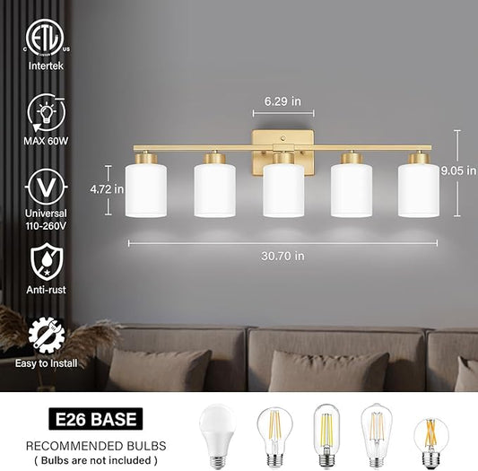 Gold Bathroom Light Fixtures, 5-Light Modern Vanity Light Over Mirror, Wall Sconces with Milky White Frosted Glass Shades, E26 Socket (Bulbs Not Included)