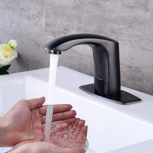 Automatic Touchless Bathroom Sink Faucet Sensor Motion Activated Commercial Faucets Hands Free Infrared Residential Basin Tap with Deck Plate Water Mixer Valve Control Box (Matte Black)