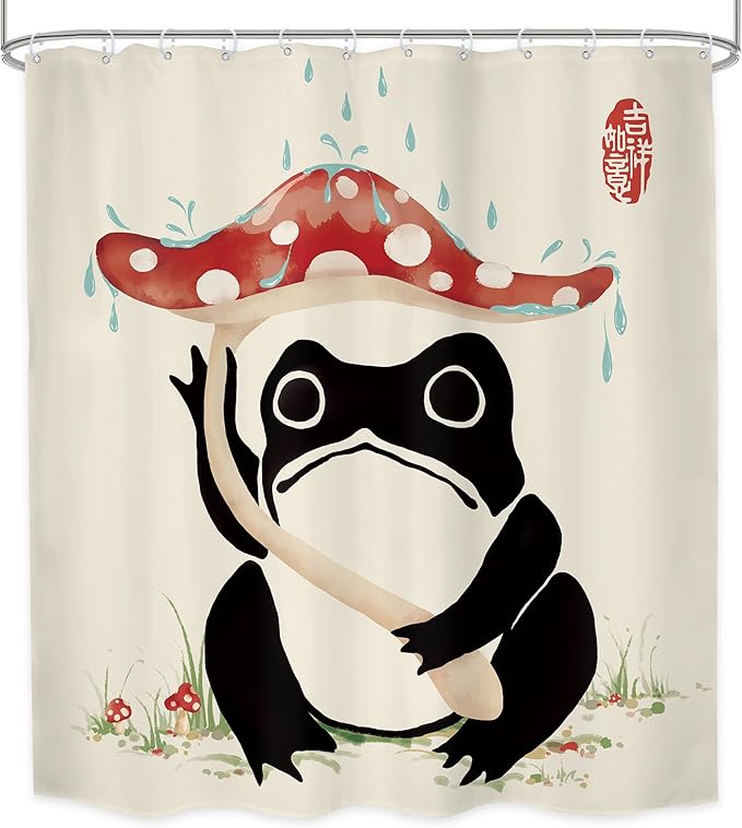 LGhtyro Funny Frog Shower Curtain Bathroom Set 71Wx71H Inches Mushroom Lovely Asian Traditional Black Beige Red Green Grassland Japanese Bath Accessories Cute Art Home Decor Fabric 12 Pack Hooks