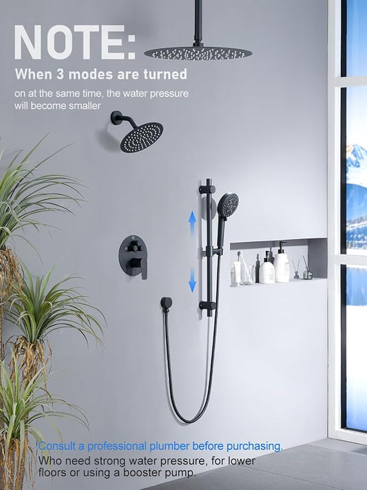 Woindo Shower Faucet Set with Slide Bar, 12" Rain Shower Head/8'' Side Shower Head and 10 Setting Handheld Ceiling Mount 3 Push Button Diverter Complete Rainfall Shower System Included Valve Trim Kit