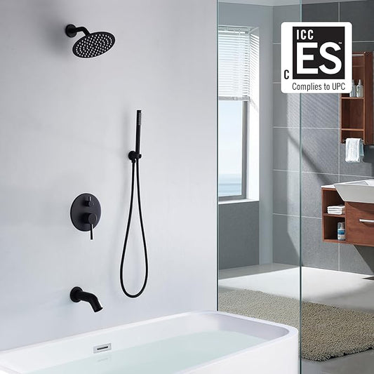 SUMERAIN Matte Black Rain Shower System with 8" Rain Shower Head | Waterfall Tub Spout, Brass Handheld Shower, Shower Faucet Set, Concealed Box Design, Easy to Maintain and Install