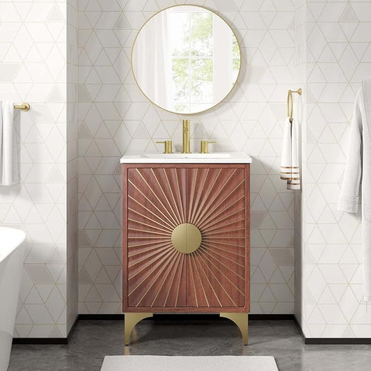 Modway Daylight Bathroom Vanity Cabinet with Ceramic Sink Basin, 24 Inch, White Walnut