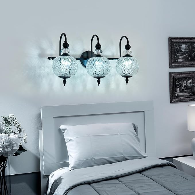 Vintage Bathroom Light Fixtures Black Vanity Light with Glass Globe LampShade 3 Lights Mid Century G9 Bulb Wall Sconce Indoor Vanity Light Over Mirror for Kitchen Bedroom Farmhouse
