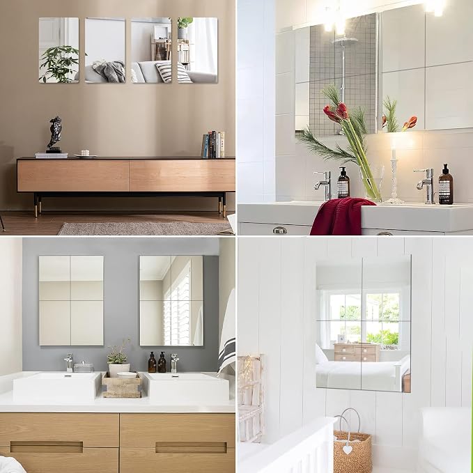 JUNEBRUSHS 4 Pack Self Adhesive Acrylic Mirror, 6X 9 Inch Mirror Tiles | Flexible Plastic Mirrors Sheets Wall Stickers,2MM Thick Mirrors,Frameless Small Mirror