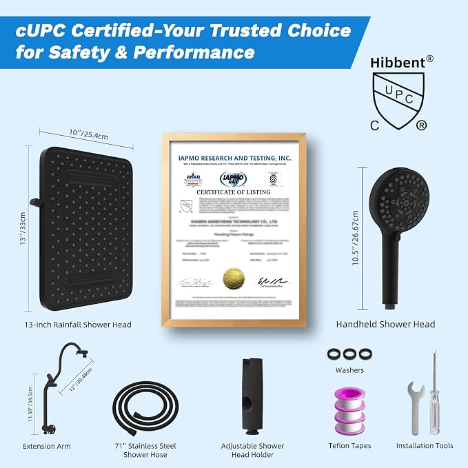 Hibbent cUPC Certified High Pressue 13'' Rainfall Shower Head with 5-Spray | Shower Heads with Handheld 10-Spray Combo, All Metal Easy Reach 4-way Diverter Arm, 71'' Hose & Holder, Matte Black