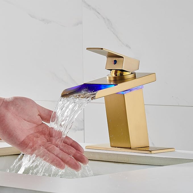 LED Bathroom Sink Faucet, Brushed Gold Waterfall Single Hole Handle Vanity Faucets for Sinks 1 Hole with Metal Pop Up Drain and 2 Water Supply Lines, Stainless Steel Spout