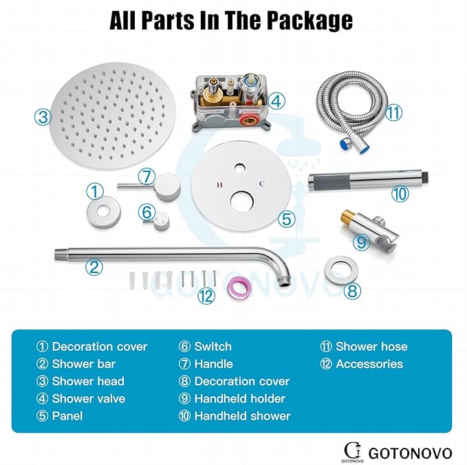 gotonovo Shower System 10 Inch Round Rainfall Showerhead Wall Mounted High Pressure Shower Faucet Set Fixture Combo with Rough in Valve and Cylindrical Handheld Spray, Polish Chrome