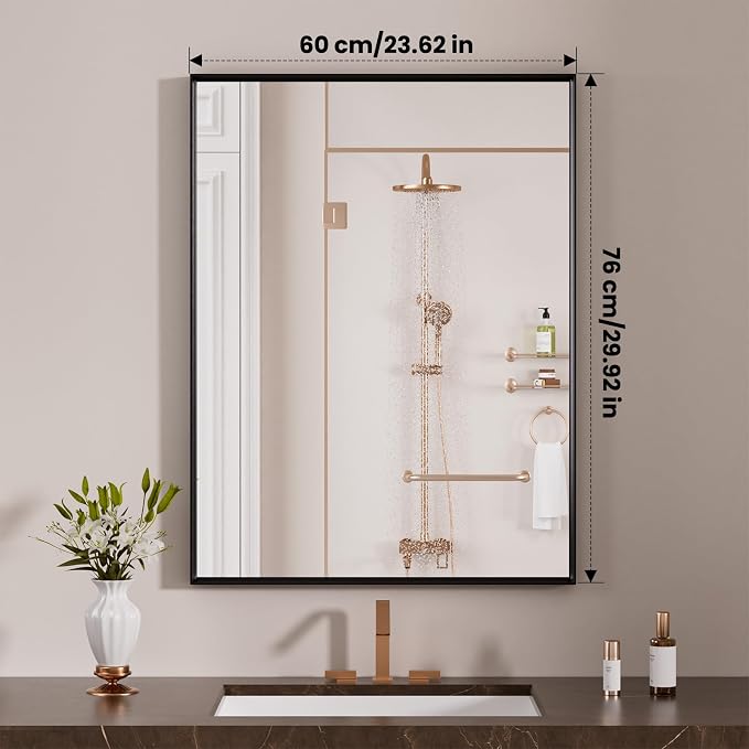 LOAAO Black Bathroom Mirror 24"X30" Rectangle Vanity Mirror | Tempered Glass, Hangs Vertically or Horizontally, Easy to Install, Wall Mounted, Modern Design
