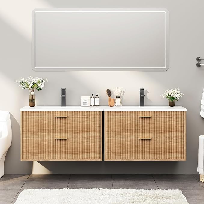 Vabches 24 Inch Bathroom Vanity with Sink, Wood Grain Wall Mounted Vanity with 2 Storage Darwers, Floating Bathroom Vanity with Storage, Bathroom Floating Vanity with Sink, Faucet, Drain, Oak