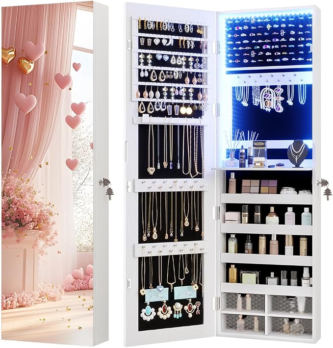 Vlsrka 47.2" LED Jewelry Cabinet, Wall Mounted Jewelry Mirror Organizer | Over the Door Hanging Jewelry Armoire Organizer, large Lockable Full Length Mirror with Jewelry Storage for Women, White