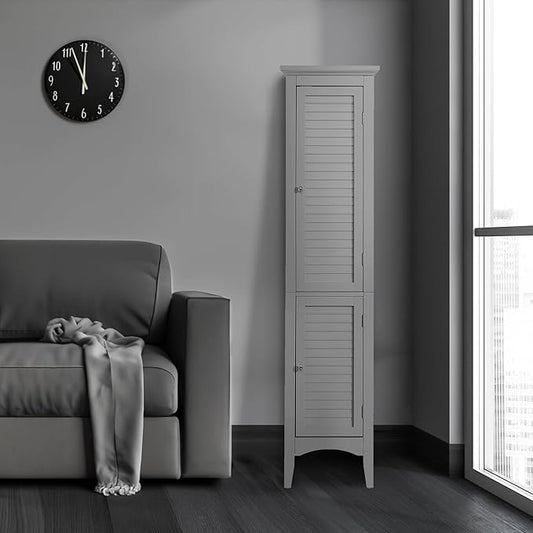 Teamson Home Glancy Tall Slim Freestanding Double Tier Floor Linen Cabinet with 1 Adjustable and 3 Fixed Interior Shelves 5 Storage Spaces and 2 Louvered Doors, Gray