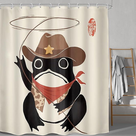 LGhtyro Funny Cowboy Frog Shower Curtain Bathroom Set 71Wx84H Inches Extra Long Western Rodeo Animal Japanese Art Asian Traditional Bath Accessories Black Beige Art Home Decor Fabric 12 Pack Hooks