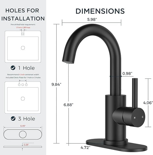 FORIOUS Black Bathroom Faucet 1 or 3 Hole Single Handle, Matte Black Bathroom Sink Faucet 2 Pack, with cUPC Supply Line and Metal Pop Up Drain, Suitable for Bar RV Vanity