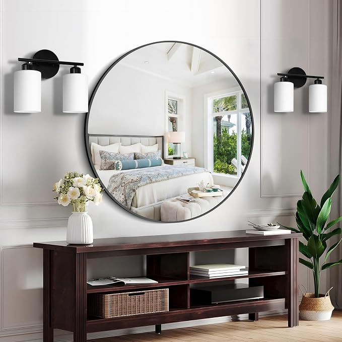 2-Light Bathroom Light Fixtures, Black Modern Vanity Lights with Milky White Frosted Glass Shades, Wall Sconce Light for Bedroom, Living Room and Hallway, 2-Pack