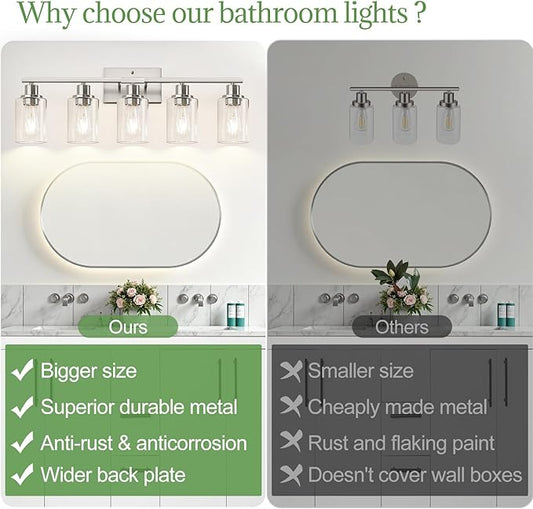 Indoi 5-Light Bathroom Light Fixtures, Brushed Nickel Modern Vanity Lights with Clear Glass Shades, Bathroom Wall Lamp for Mirror Living Room Cabinet Bedroom Porch