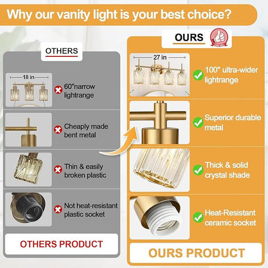 Modern Crystal Bathroom Vanity Light, 4-Light Gold Bathroom Light Fixtures Over Mirror, Crystal Vanity Light with Brushed Gold Finish (Bulbs Not Included)
