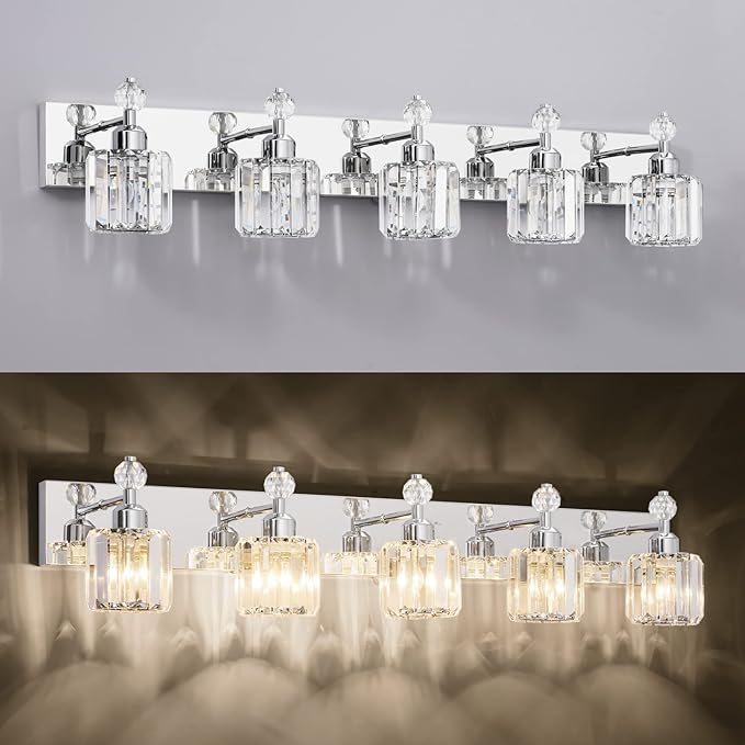 PRESDE Crystal 5-Light Vanity Light for Bathroom,Chrom Modern Bathroom Lights Fixtures Over Mirror