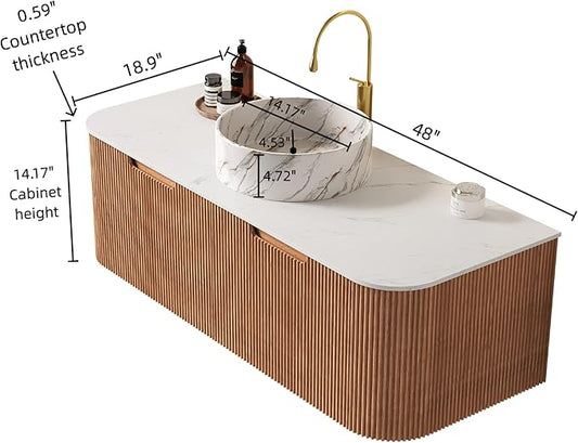 LKTART 48 Inch Floating Bathroom Vanity with Sink, Modern Wall Mounted Bathroom Storage Cabinet with Drawer, Stone Pattern Round White Ceramic Sink Top and Marble Texture Top, Natural Wood
