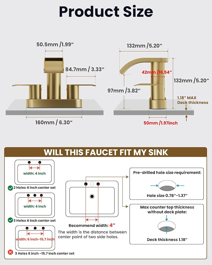 gotonovo 4 Inch Centerset Waterfall Bathroom Sink Faucet Deck Mount 2 Handle Basin Faucets 2 or 3 Hole with Pop Up Drain Included Lavatory Modern Mixer Tap Vanity Faucet Brushed Gold
