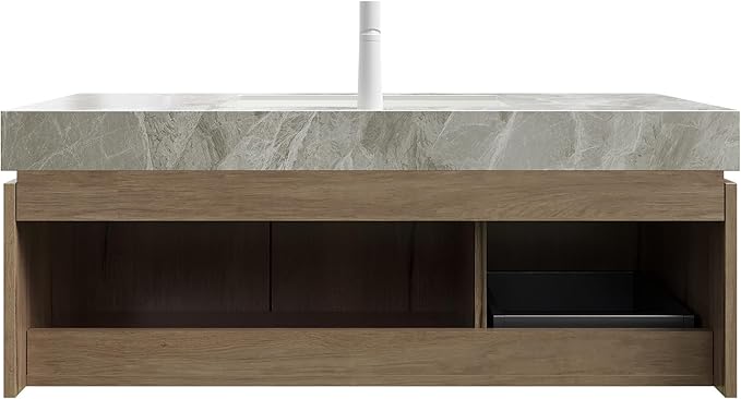 Ambrovina 48" Floating Bathroom Vanity with Sink, Modern Plywood Bathroom Storage Cabinet with Drawer and 2 Doors, Gray Sintered Stone Countertop and White Ceramic Basin, Pre-Assembled, Light Oak