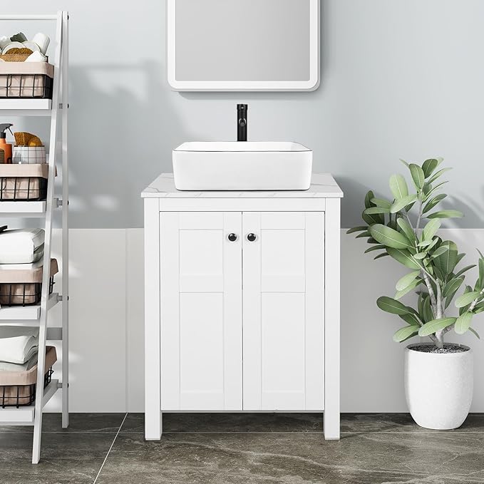 24" White Bathroom Vanity with Marble Texture Top, Traditional Standing Pedestal Cabinet Without Sink