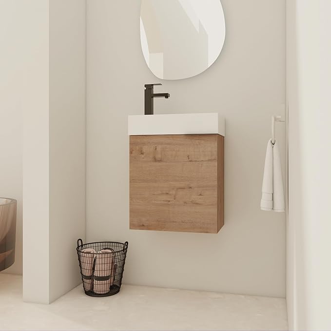 18" Small Floating Bathroom Vanity with Sink and Storage - Narrow Brown Vanity for Home