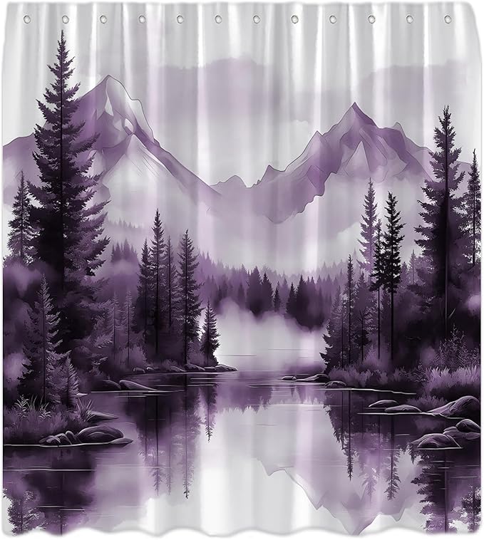 Purple Misty Forest Shower Curtain Mountain Foggy Pine Trees Landscape Watercolor Jungle Plant Rustic Nature Scenery Lake Fabric Bathroom Curtain Set with Hook