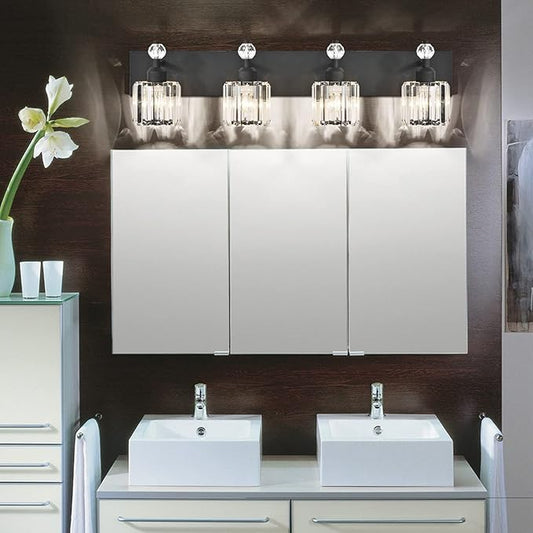 PRESDE Crystal 4- Light Vanity Light for Bathroom,Modern Matte Black Bathroom Lights Fixtures Over Mirror Wall Sconce