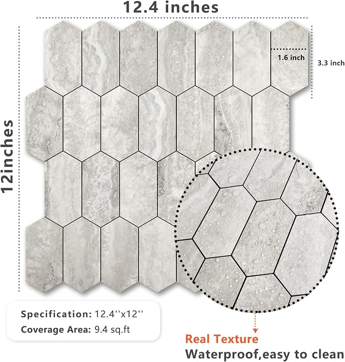 Vamos Tile Long Hexagon Peel and Stick Backsplash Tile - 10 Sheets Stick on Backsplash for Kitchen and Bathroom 12.4 x 12 Inch Beige Slate Look PVC Self Adhesive Mosaic Wall Tiles