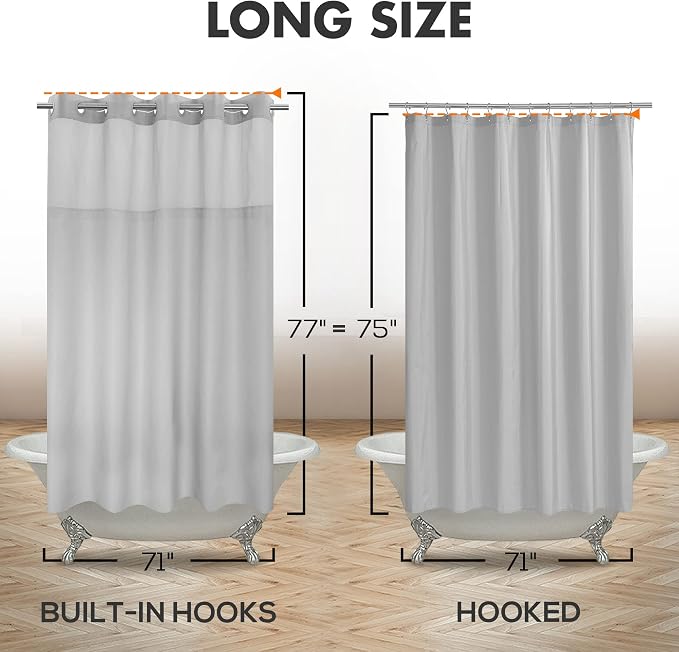River Dream No Hook Long Shower Curtain with Snap-in Liner, Grey, 71x77 | Snap on/off Waterproof PEVA Liner, See Through Top Window, Slub Textured, Hotel Style Shower Curtain Set, Longer Size