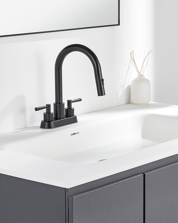 Bathroom Sink Faucet with Pull Out Sprayer 2 Handles, Matte Black Pull Down Bathroom Faucet 3 Holes, 4 Inch Black Faucet Bathroom, 360 Degree Swivel Spout, Pop Up Drain Assembly Included