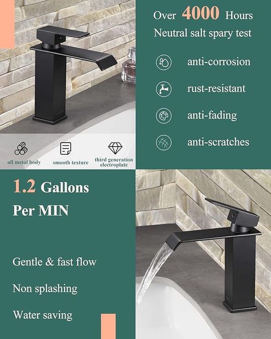 Matte Black Waterfall Bathroom Faucet – Single Hole 304 Stainless Steel Sink Faucet with Metal Pop-Up Drain, Low-Profile Design for Modern Vanities