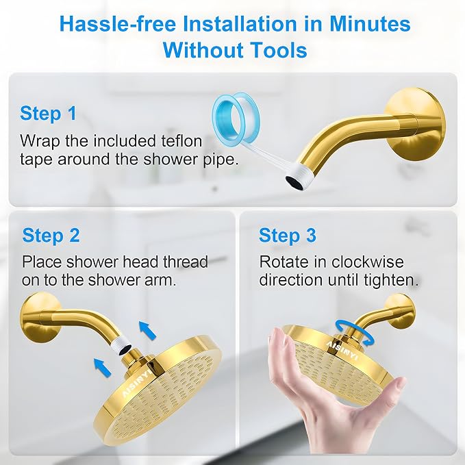 6" High Pressure Rain Shower Head, Luxury Gold Plated Finish | 6 Inch Fixed Bathroom Showerhead, Adjustable Replacement, 90 Anti-Clog Nozzles, Removable Restrictor, Tool-Free Easy Install