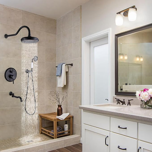 Rainfall Shower System with Handheld Sprayer,Oil Rubbed Bronze Antique Shower Faucet Sets,Shower Fixture Combo with Brass Pressure Balance Valve,Complete Shower Kit with Foldable Tub Spout