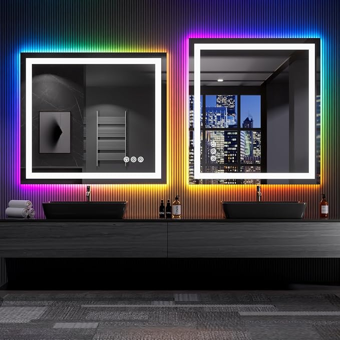 LOAAO 40"X36" RGB LED Bathroom Mirror with Lights, UL Listed | Anti-Fog, Dimmable, RGB Backlit + Front Lighted, Memory Function, Tempered Glass