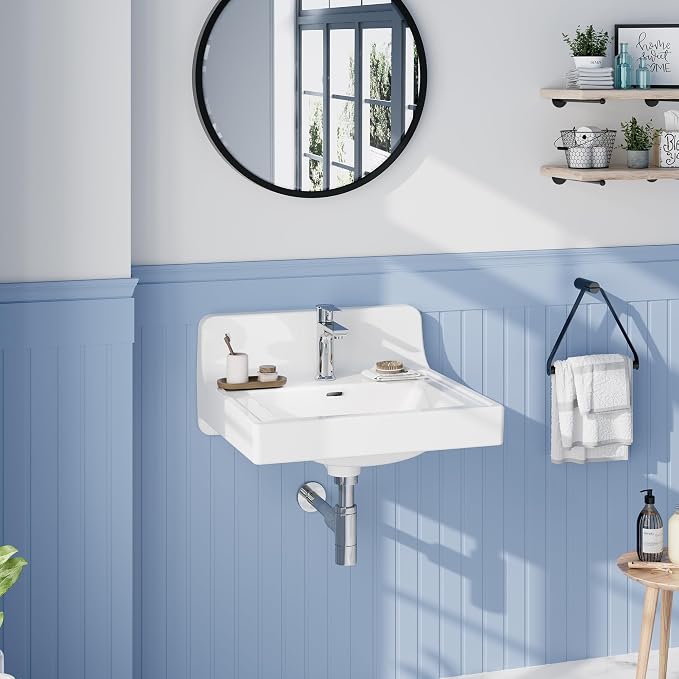 Vessel Sink Bathroom Semi-Recessed Square Basin with Back Splash Guard, Single Faucet Hole, 20×18.98×11.81 inch Ceramic Sink for Family Bathroom, Rental Units, Vanity Upgrade