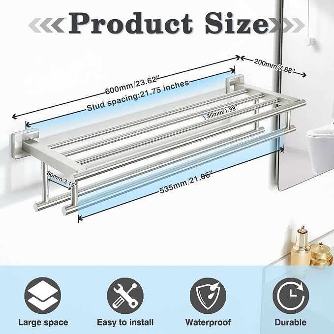 Alise Double Towel Racks for Bathroom Wall Mount 24 Inch,Brushed Nickel | Bathroom Tower Holder Towel Shelf with Double Towel Bars,SUS304 Stainless Steel Towel Hanger for Bathroom Lavatory Kitchen