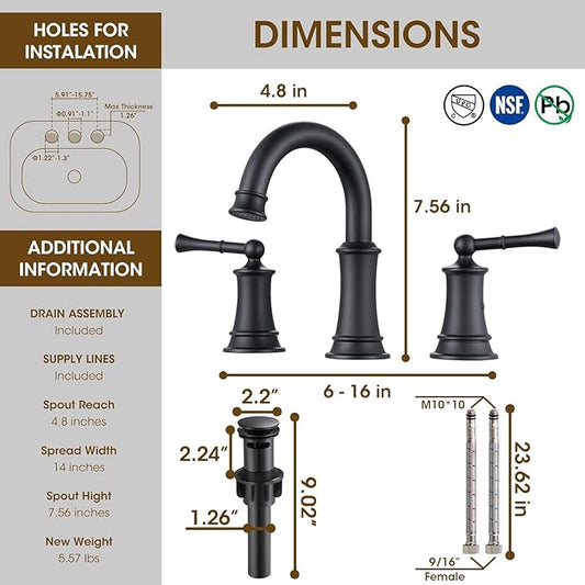 Black Bathroom Faucet, 8 Inch Bathroom Sink Faucet with Pop-up Drain Assembly, Widespread Bathroom Faucet with cUPC Supply Lines for Vanity, Lavatory RV Farmhouse Sink(L2304-BK)