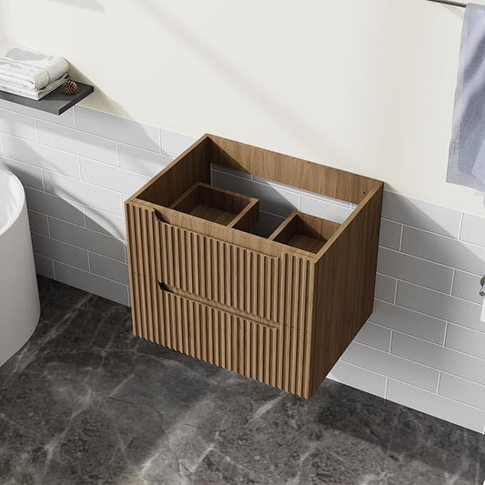 24” Wall-Mount Bathroom Vanity Floating Bathroom Cabinet in Walnut, Sink Basin Not Included