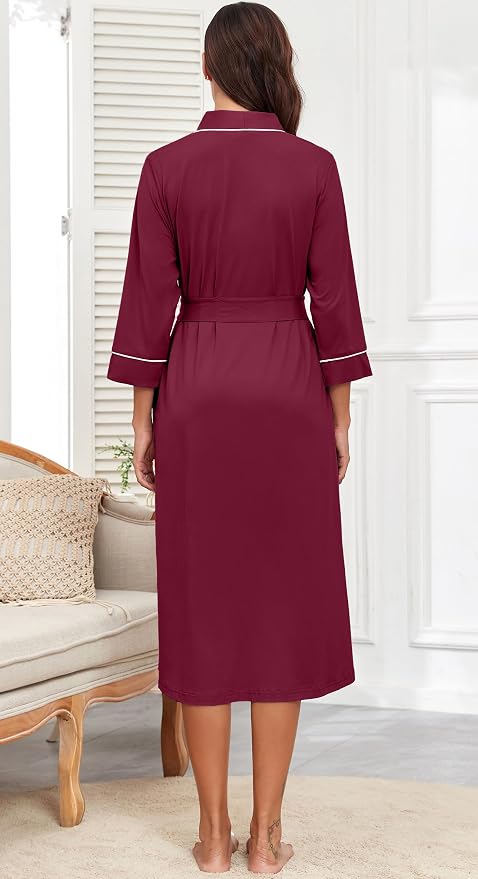PrinStory Robes for Women 3/4 Sleeve Long Bath Robe XS-4XL | V-Neck Knit Bathrobe with Pockets, Lightweight, Soft, Breathable Robes for Shower, Spa, Travel, Home, Party, Nursing