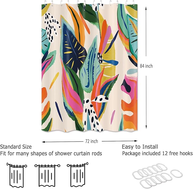 Colorful Abstract Shower Curtain, Floral Boho Modern Asthetic Plant Bathroom Curtain, Waterproof Polyester Fabric Shower Curtain Set with Hooks 72X84Inch