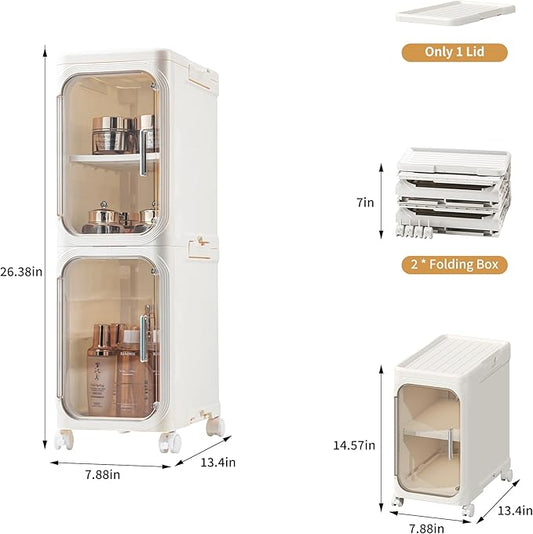 2-Tier Narrow Bathroom Storage Cabinet with Wheels, Plastic Slim Organizer with Adjustable Shelves for Small Spaces,Bathroom, Kitchen, Laundry,Milky White