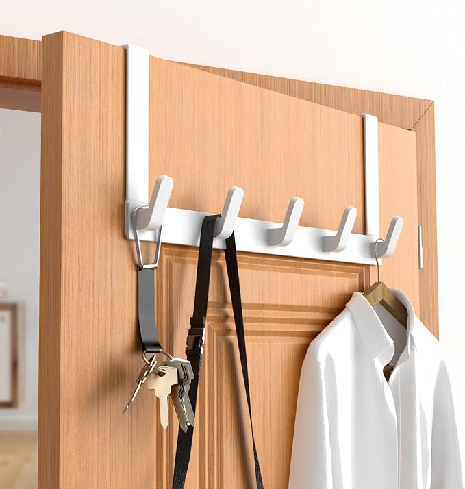 Over The Door Hooks Hanger, Heavy Duty Rack for Winter Coat, Fits 1 3/4" Doors, L7U - Bathroom Accessories and Towel Organizer Holder - White