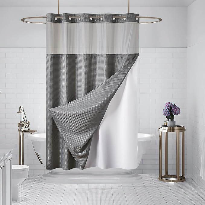 Furlinic No Hook Shower Curtain with Snap in Fabric Liner Set,Waffle Weave Heavy Duty Bathroom Curtain with See Through Window,Waterproof & Machine Washable,Hotel Style,Light Grey,71x72 Inch