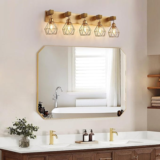 Farmhouse Bathroom Light Fixtures, 5-Light Gold Bathroom Vanity Light, Rustic Matte Antique Brass Finish with Metal Lampshade, Wall Sconces for Bedroom, Living Room, Hallway