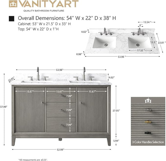 Vanity Art 54" Bathroom Vanity with Double Sink & Arabescato White Engineered Stone Top, Vanity Cabinet with Soft Closing Door, Solid Wood Frame, Golden Brushed Handles, Driftwood Gray VA8154D-DG-GB